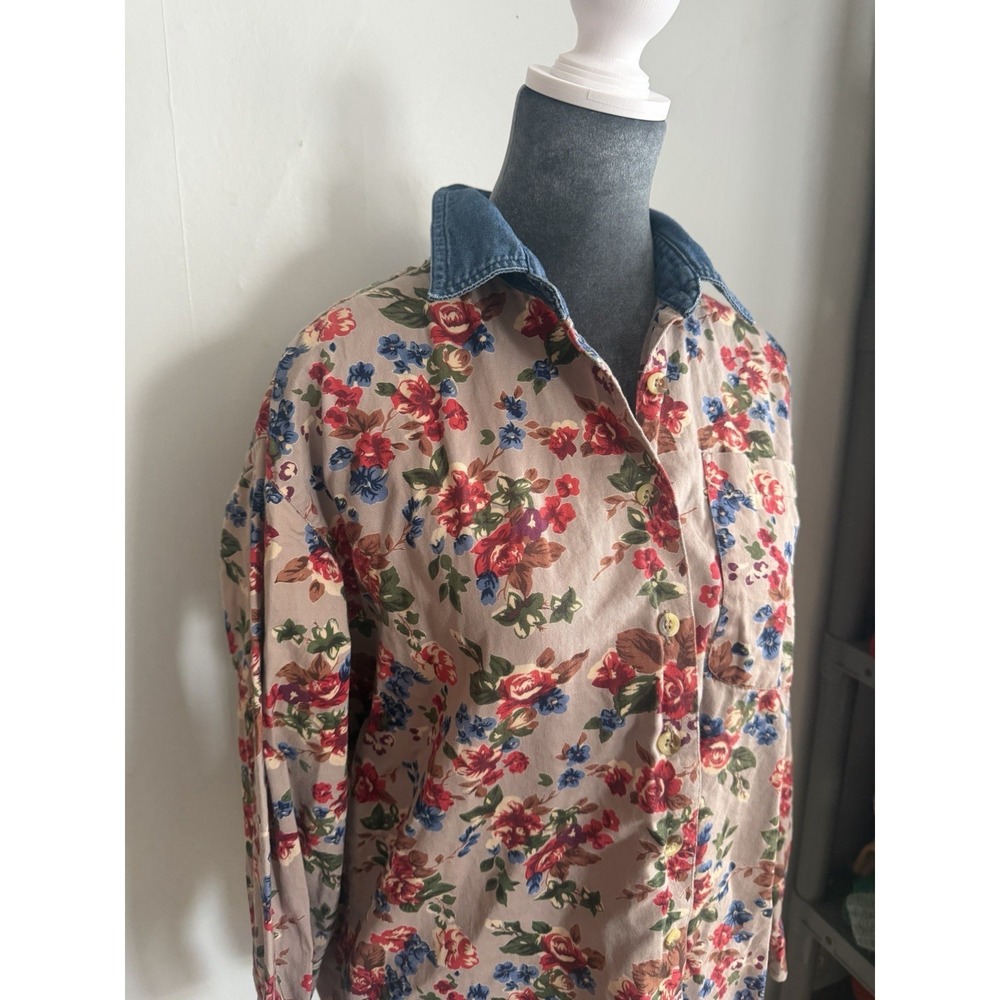 Vintage Cotton Floral Denim Women's Button Up Western Shirt, Boho Festival LG‎